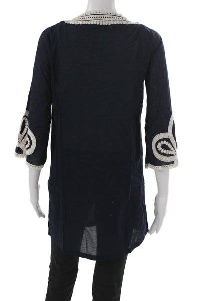 J Crew Womens Kaftan Blouse Blue V Neck 3/4 Sleeve Cotton Size XS