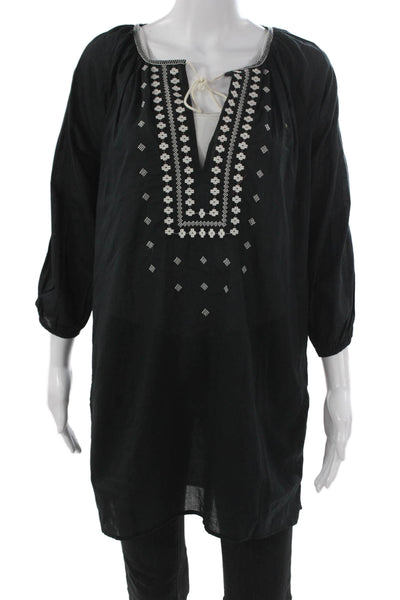 J Crew Women Shift Blouse Black V-Neck 3/4 Sleeve 100% Cotton Size XS