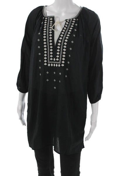 J Crew Women Shift Blouse Black V-Neck 3/4 Sleeve 100% Cotton Size XS