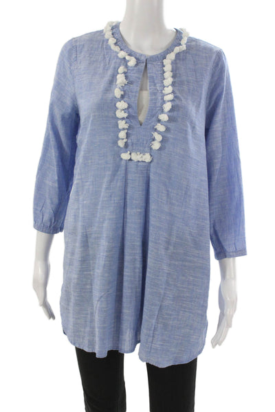 J Crew Women Shift Blouse Blue V Neck 3/4 Sleeve Cotton Linen Size XS