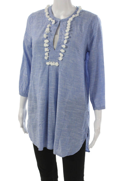 J Crew Women Shift Blouse Blue V Neck 3/4 Sleeve Cotton Linen Size XS