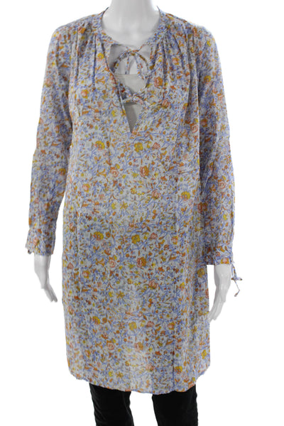 J Crew Women Floral V-Neck Cotton Shift Blouse Long Sleeve Multicolor Size XS