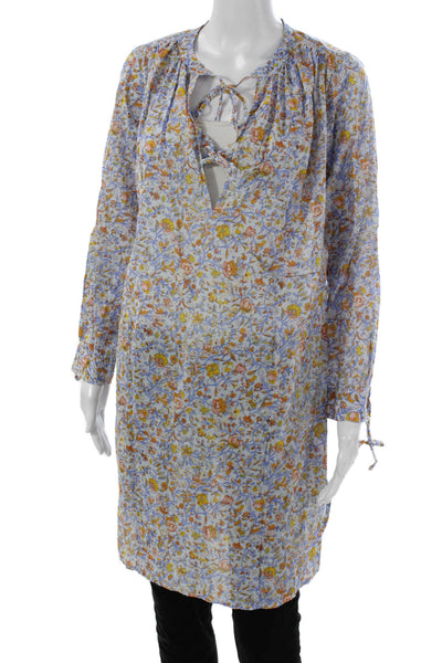 J Crew Women Floral V-Neck Cotton Shift Blouse Long Sleeve Multicolor Size XS
