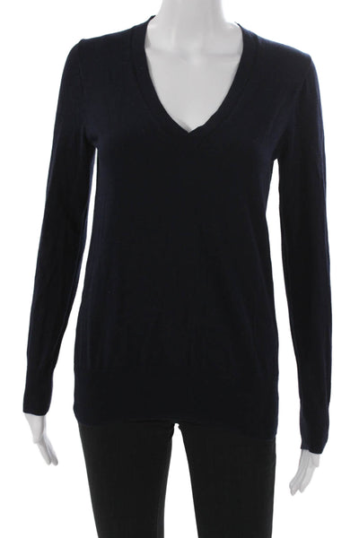 J Crew Women Cotton V Neck Pullover Sweater Blue Long Sleeve Solid Size S
