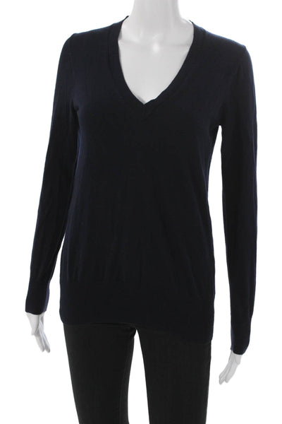 J Crew Women Cotton V Neck Pullover Sweater Blue Long Sleeve Solid Size S
