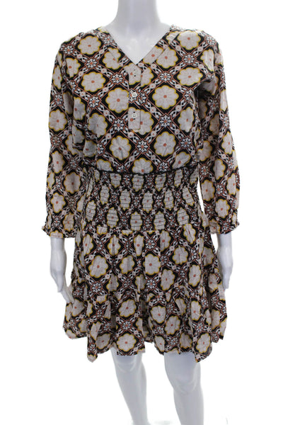 Madison Mathews Women Boho Mini Dress Floral Multi V-Neck Long Sleeve Size S