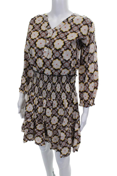 Madison Mathews Women Boho Mini Dress Floral Multi V-Neck Long Sleeve Size S
