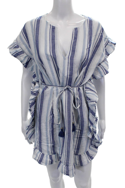 J Crew Women Striped Linen V-Neck Mini Dress Short Sleeve Pullover Beach Size 2X