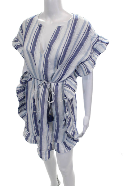 J Crew Women Striped Linen V-Neck Mini Dress Short Sleeve Pullover Beach Size 2X