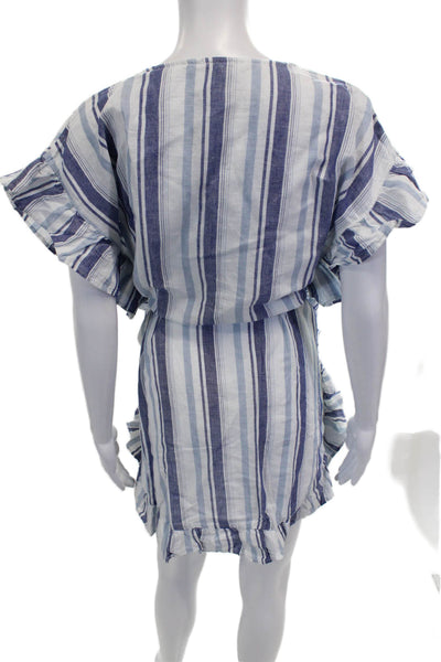 J Crew Women Striped Linen V-Neck Mini Dress Short Sleeve Pullover Beach Size 2X