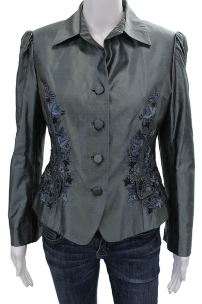 Dana Buchman Womens Basic Jacket Gray Silk Button Long Sleeve Petite Size 8