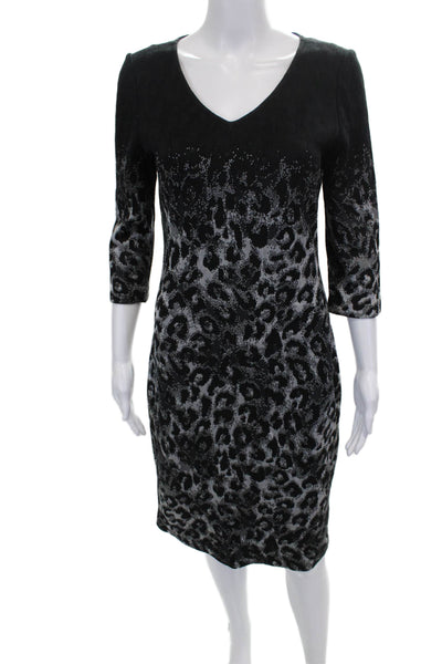 St. John Women Sheath Dress Black Wool V Neck 3/4 Midi Zip Animal Size M