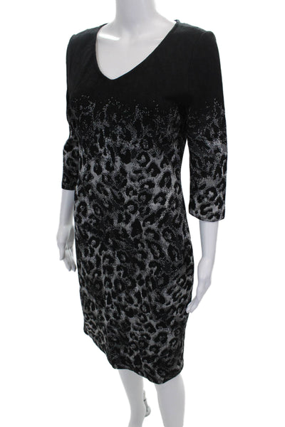 St. John Women Sheath Dress Black Wool V Neck 3/4 Midi Zip Animal Size M