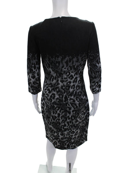 St. John Women Sheath Dress Black Wool V Neck 3/4 Midi Zip Animal Size M