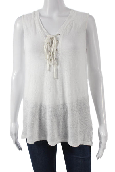 Monrow Women Basic Linen V-Neck Lace Up Tank White Size XS