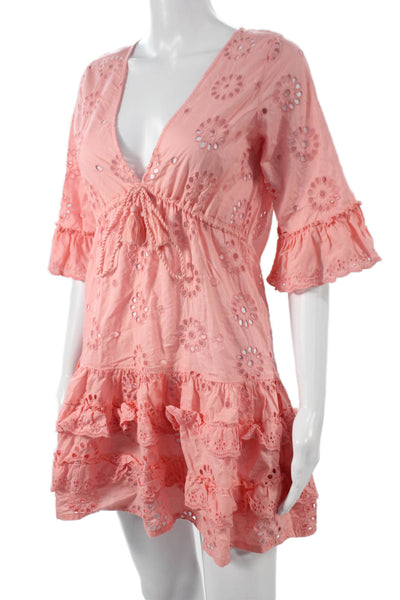 J Crew Womens Pink Mini Cotton V Neck Tie Waist Short Sleeve Dress Size XS