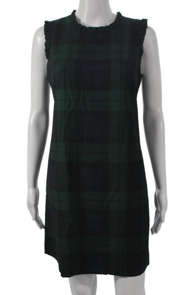 J Crew Womens Green Plaid Shift Dress Sleeveless Round Neck Zip Size 6P