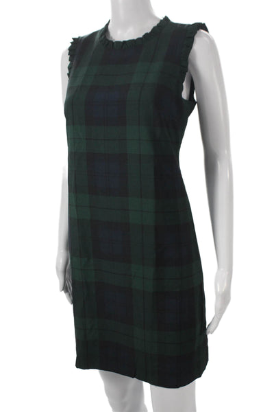 J Crew Womens Green Plaid Shift Dress Sleeveless Round Neck Zip Size 6P