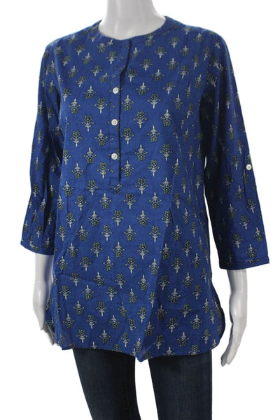 Madison Mathews Women Tunic Blouse Floral Blue Cotton Henley 3/4 Sleeve Size S