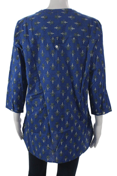 Madison Mathews Women Tunic Blouse Floral Blue Cotton Henley 3/4 Sleeve Size S