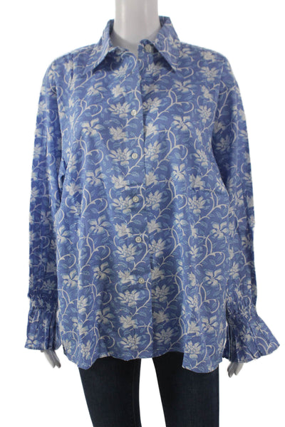 Madison Mathews Women Blue Floral Tunic Buttonup Long Sleeve Size One Size