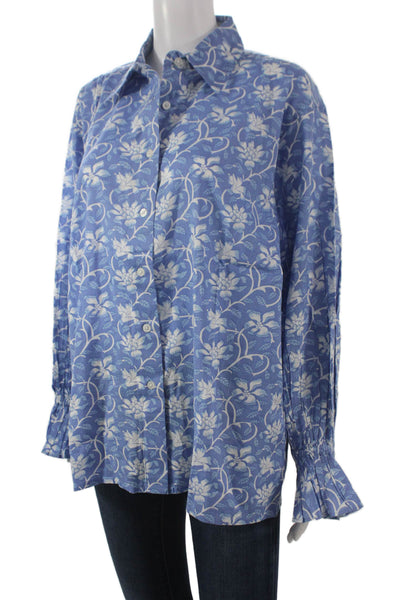 Madison Mathews Women Blue Floral Tunic Buttonup Long Sleeve Size One Size