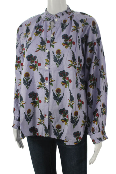 Madison Mathews Women Button-Up Blouse Purple Floral Cotton Long Sleeve Size S
