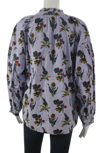 Madison Mathews Women Button-Up Blouse Purple Floral Cotton Long Sleeve Size S
