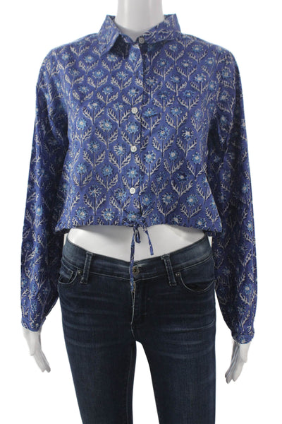 Chakeris Women Cropped Floral Collared Cotton Buttonup Longsleeve Blue Size S