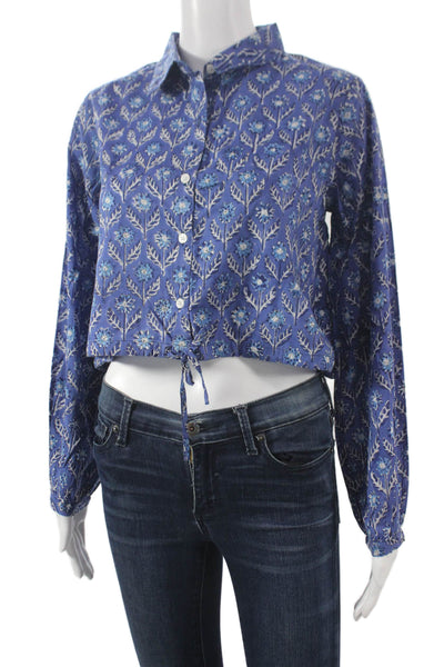 Chakeris Women Cropped Floral Collared Cotton Buttonup Longsleeve Blue Size S