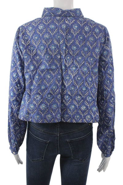 Chakeris Women Cropped Floral Collared Cotton Buttonup Longsleeve Blue Size S