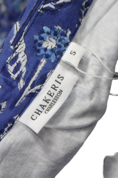 Chakeris Women Cropped Floral Collared Cotton Buttonup Longsleeve Blue Size S
