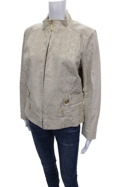 St. John Women Ivory Animal Print Basic Jacket Long Sleeve Zip Size 10