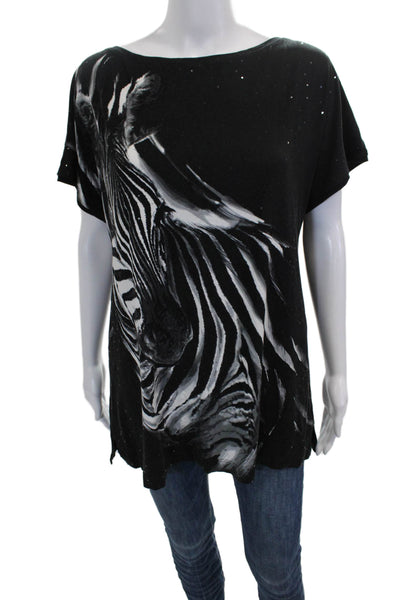 St. John Women Tunic Black Rayon Boat Neck Short Sleeve Zebra Size M