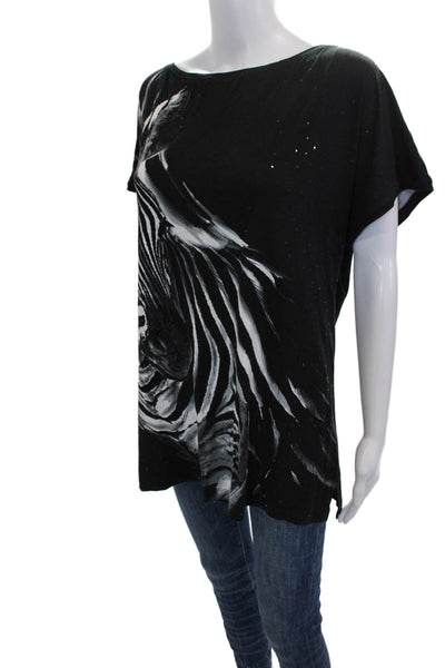 St. John Women Tunic Black Rayon Boat Neck Short Sleeve Zebra Size M