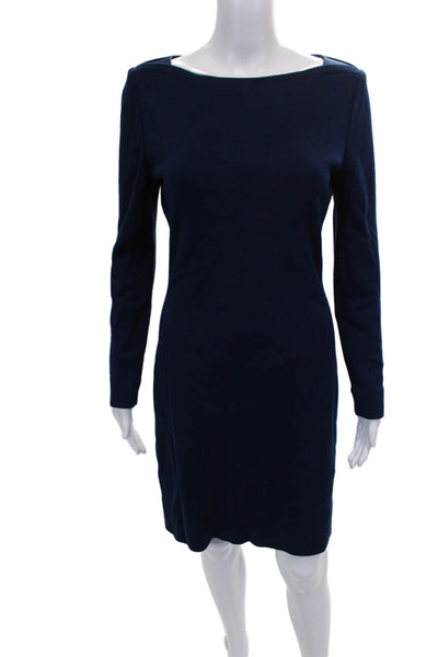 St. John Women Sheath Dress Blue Knit Boat Neck Long Sleeve Short Zip Size 8