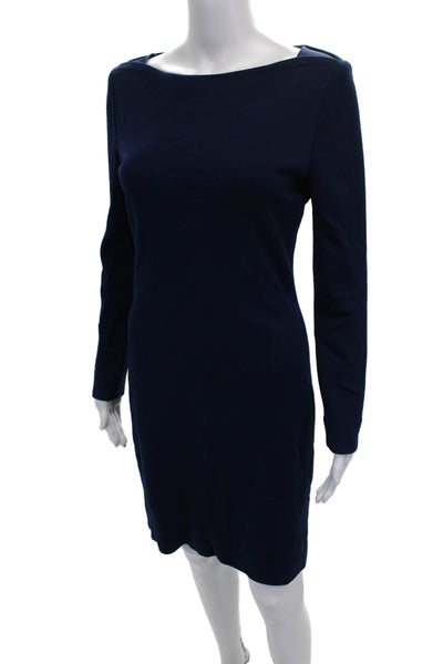 St. John Women Sheath Dress Blue Knit Boat Neck Long Sleeve Short Zip Size 8