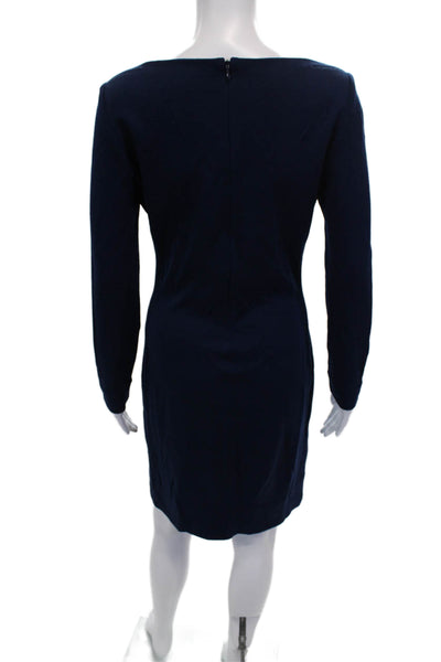 St. John Women Sheath Dress Blue Knit Boat Neck Long Sleeve Short Zip Size 8