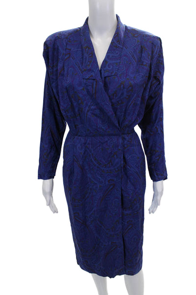 St Gillian Kay Unger Women Wrap Dress Blue Silk V-Neck Paisley Size 4