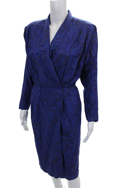St Gillian Kay Unger Women Wrap Dress Blue Silk V-Neck Paisley Size 4