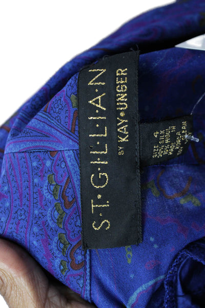 St Gillian Kay Unger Women Wrap Dress Blue Silk V-Neck Paisley Size 4