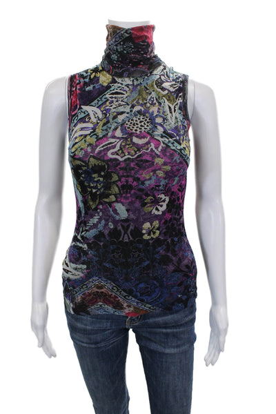 Fuzzi Women Basic Floral Turtleneck Sleeveless Tank Multicolor Size XS