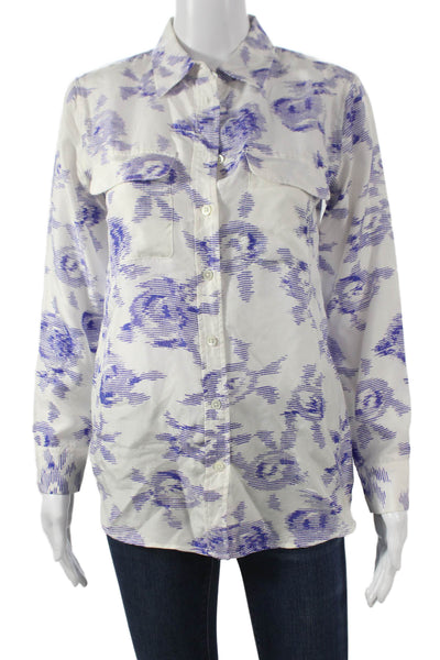 Equipment Femme Women Silk Floral Collared Button-Up 3/4 Sleeve White Size XS