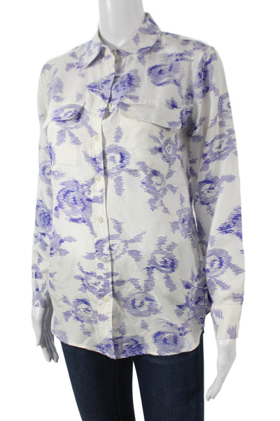 Equipment Femme Women Silk Floral Collared Button-Up 3/4 Sleeve White Size XS