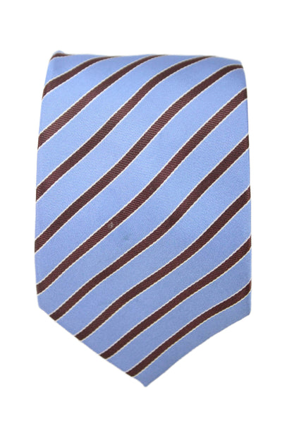 Designer Mens Silk Colorblock Striped Print Tie Light Blue Brown