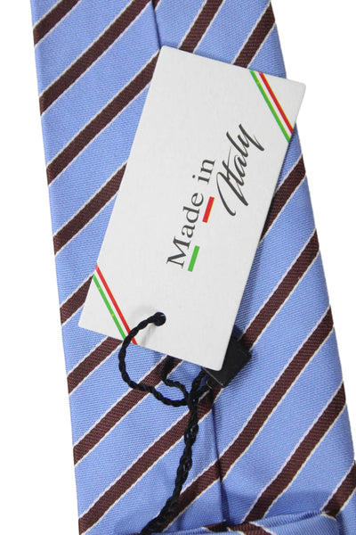 Designer Mens Silk Colorblock Striped Print Tie Light Blue Brown