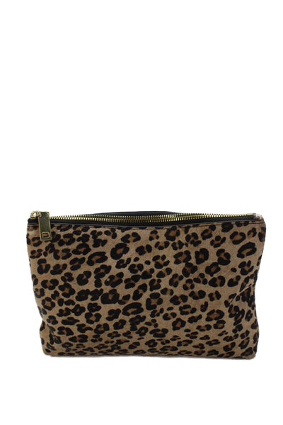 J Crew Womens Calf Hair Animal Print Zippered Pouch Brown