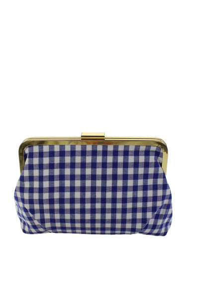 J Crew Womens Pleated Detail Gingham Print Clutch Purse Blue