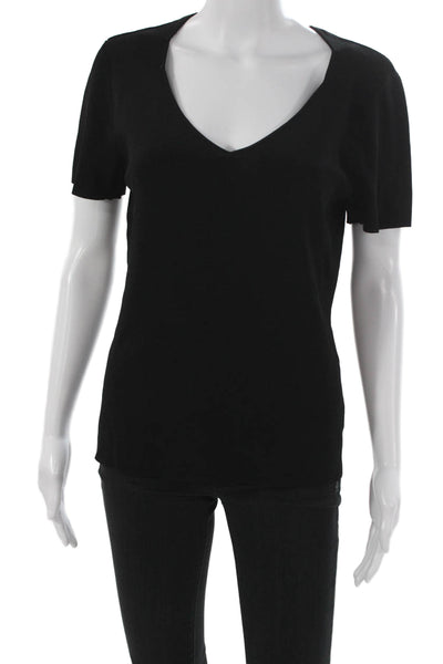 Dana Buchman Women Black V-Neck Short Sleeve Basic T-Shirt Viscose Size L
