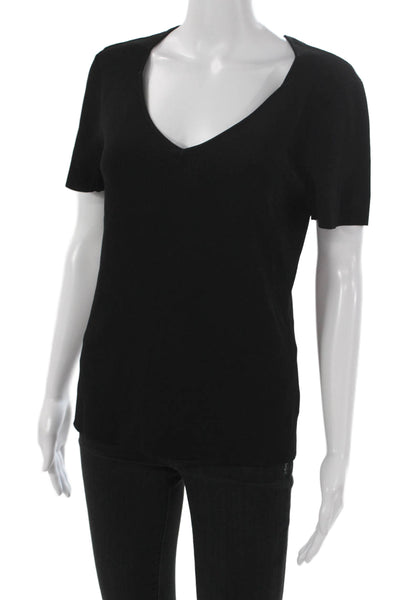 Dana Buchman Women Black V-Neck Short Sleeve Basic T-Shirt Viscose Size L